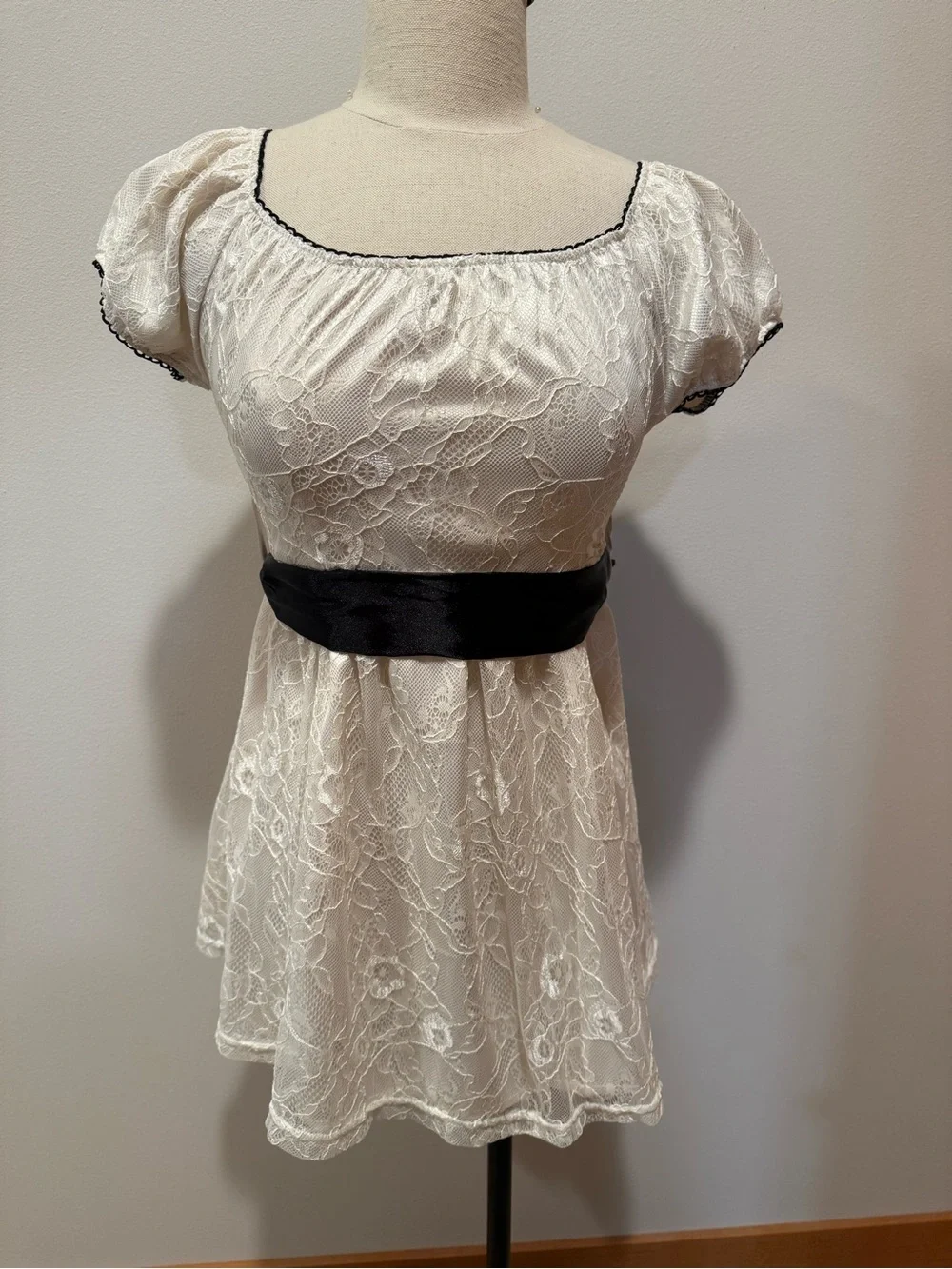 Ivory Lace Empire Waist Babydoll with Black Sash